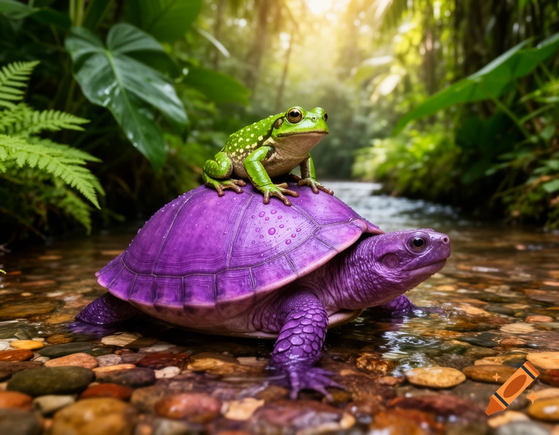A vibrant green frog sits atop a purple turtle in a shallow, rocky jungle stream with lush foliage and dappled sunlight.