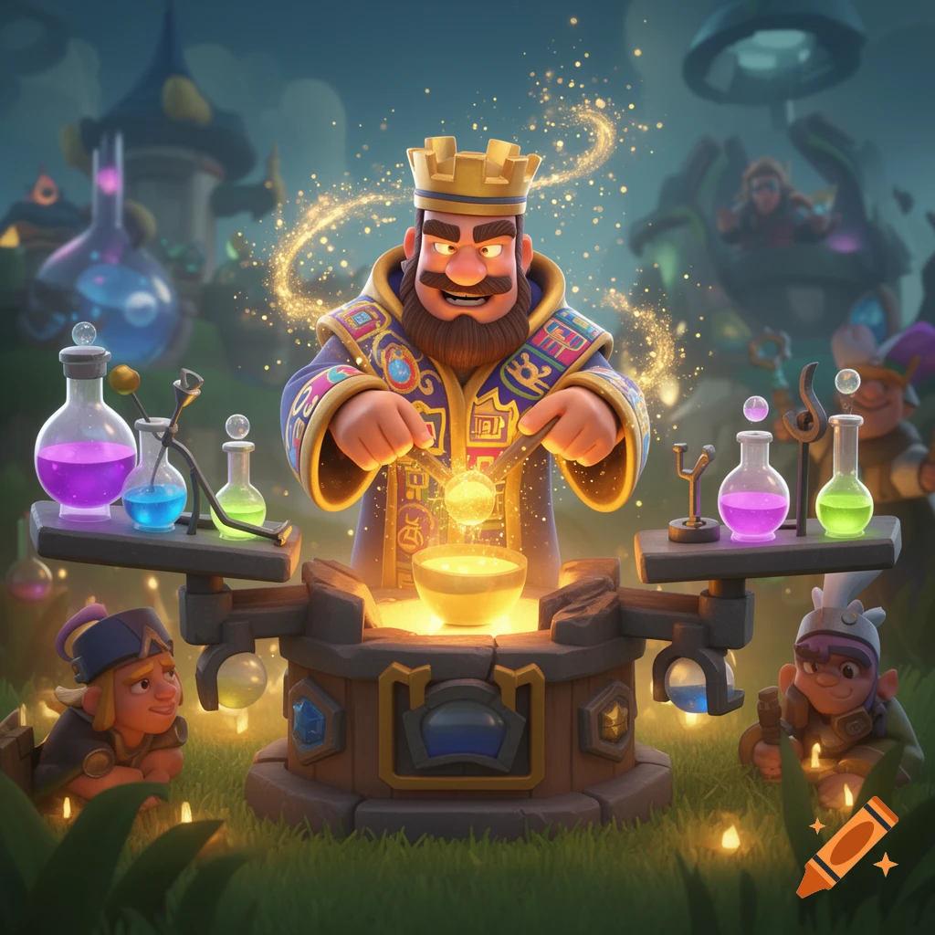 A bearded king in a crown and royal robe brews a glowing potion in a cauldron, surrounded by colorful beakers and smaller characters in a vibrant cartoon fantasy style.