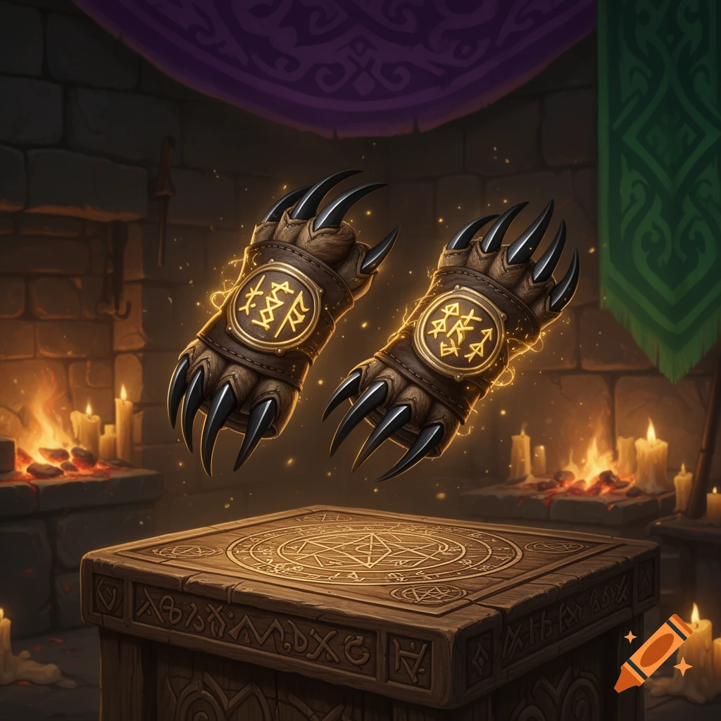 A pair of glowing brown leather fist wraps with sharp black claws and golden runes hover over a magical wooden table in a dimly lit dungeon.