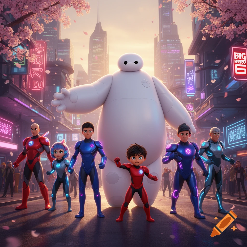 Baymax and five human superheroes pose in a vibrant, neon-lit futuristic city with cherry blossoms falling.