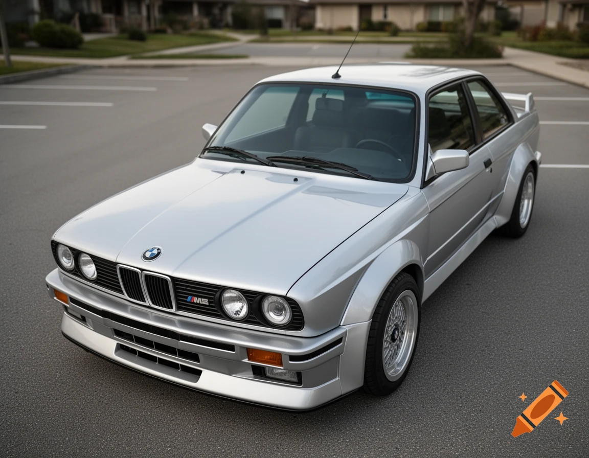 A silver metallic 1980s BMW M3 E30 coupe with flared wheel arches and quad headlights, parked in a suburban carpark.