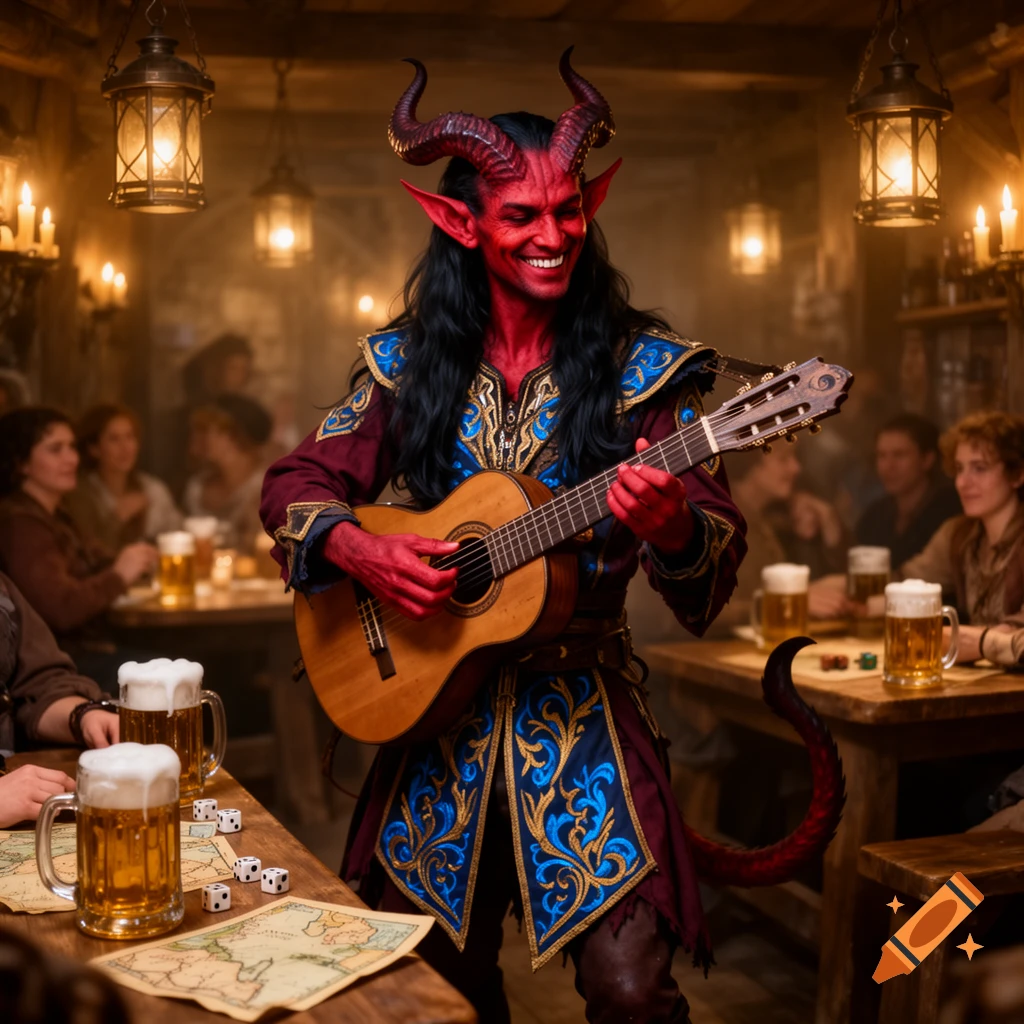 A smiling red-skinned Tiefling bard with horns and long dark hair, wearing an ornate tunic, plays an acoustic guitar in a dimly lit tavern, surrounded by patrons and tables with beer mugs and maps.