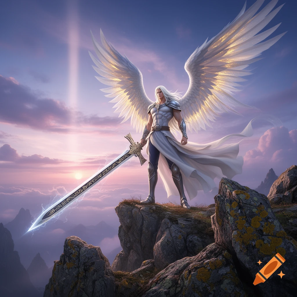 A powerful, white-haired archangel with large white wings and a glowing sword stands on a mountain cliff at sunset, overlooking a cloudy landscape.