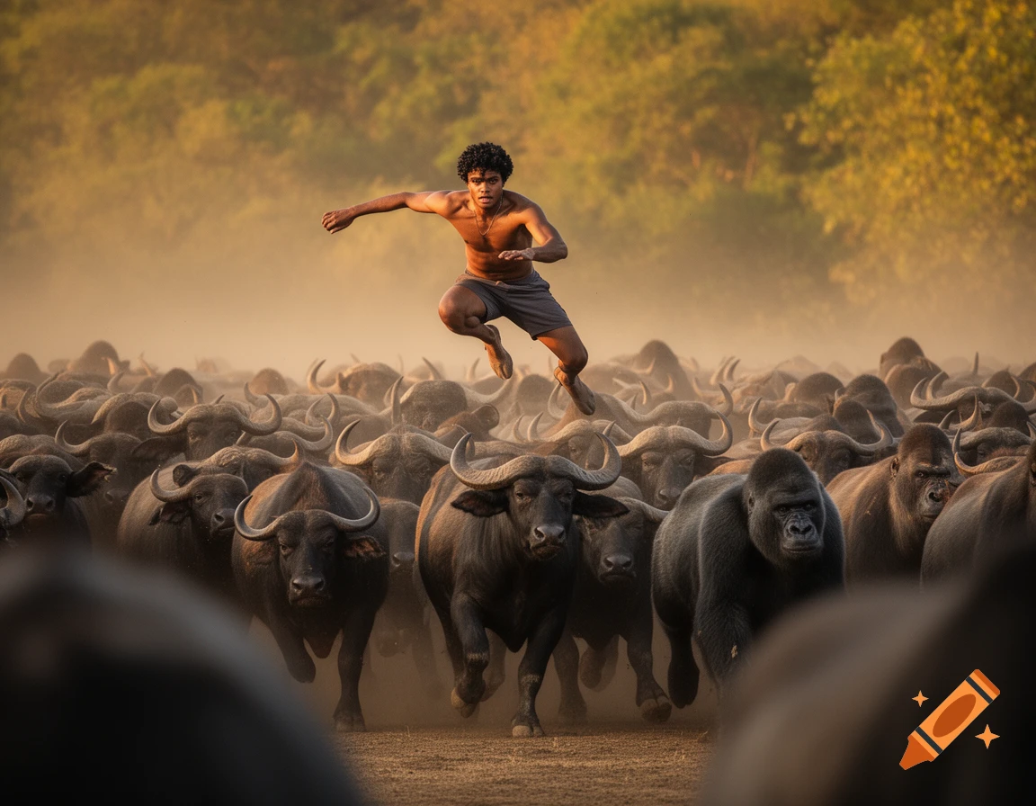 A man with curly dark hair leaps over a dusty, stampeding herd of buffalo and gorillas in a golden, hazy landscape.