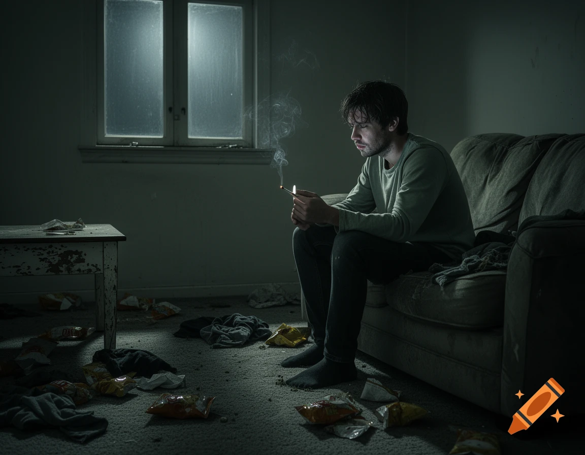A man sits on a couch in a dark, messy room, holding a burning match, in a photorealistic style.