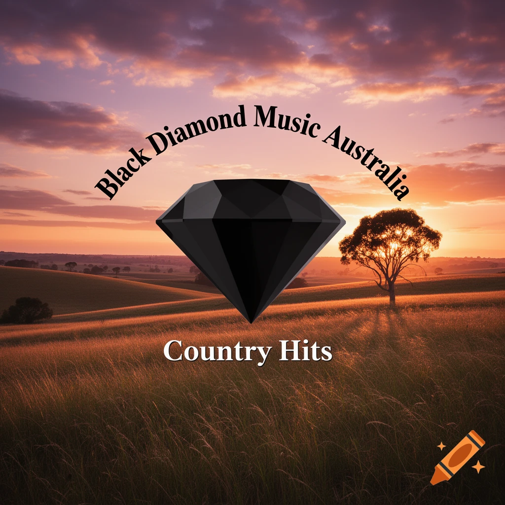 A black diamond floats above a golden field with a single tree at sunset, with the text Black Diamond Music Australia and Country Hits.