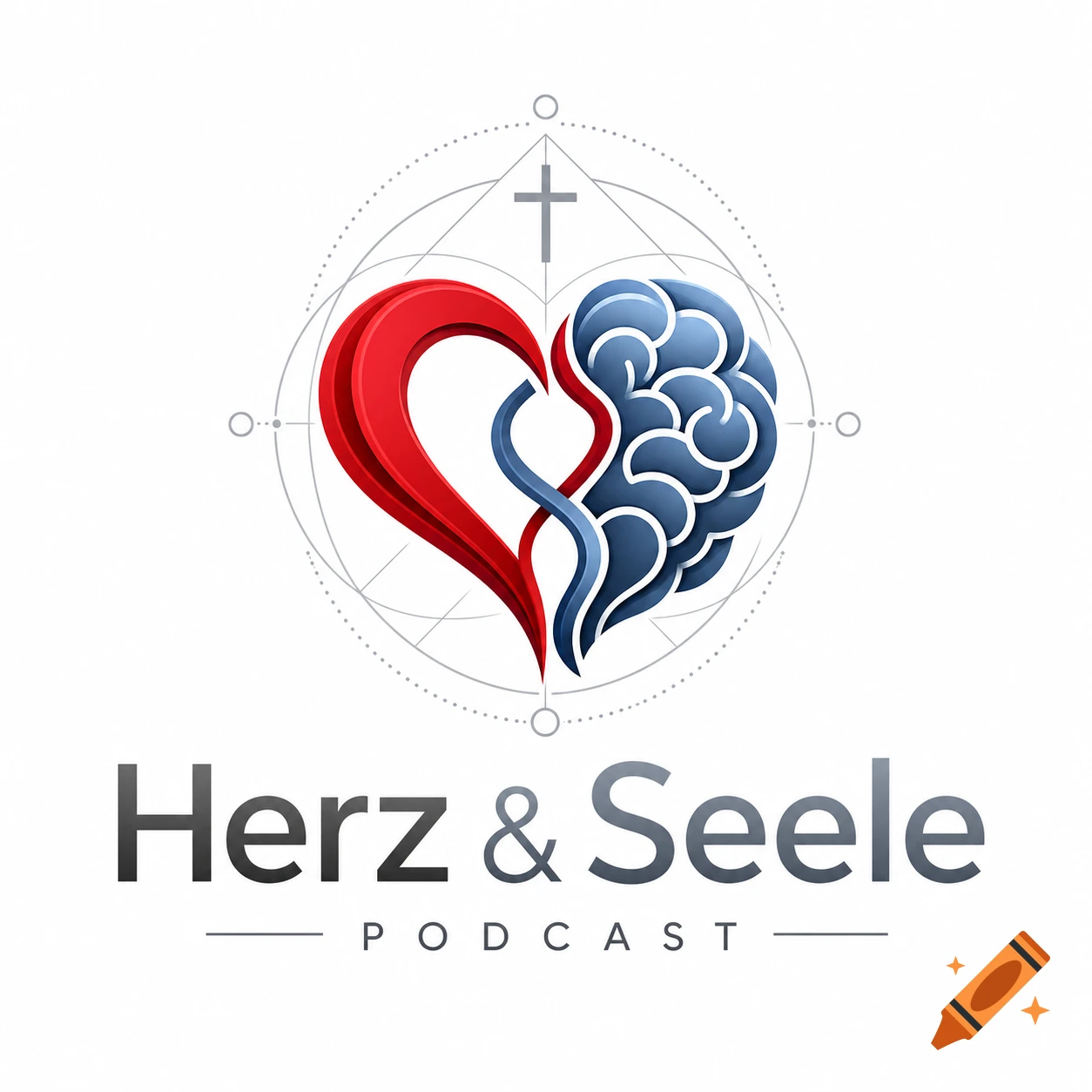 Stylized logo with a red heart, blue brain, and a cross in a geometric design, with 'Herz & Seele PODCAST' text below.