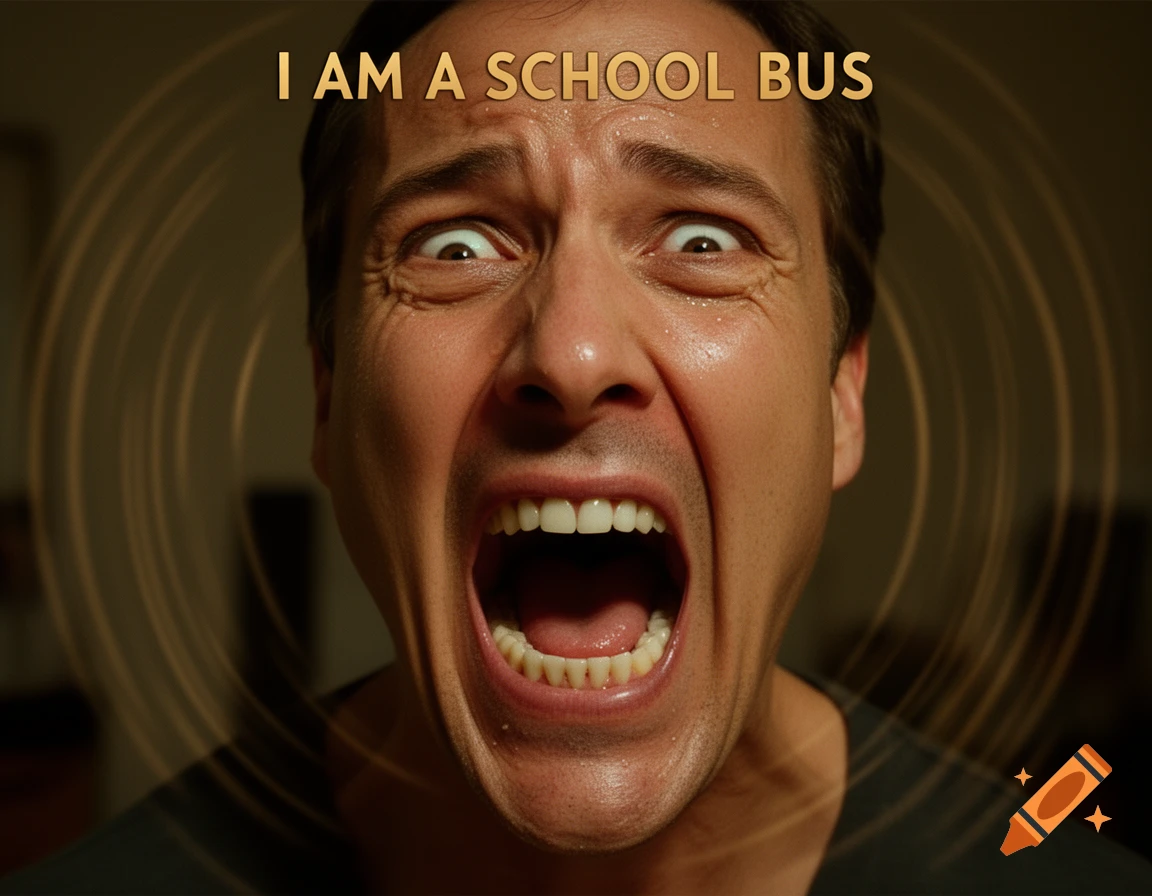 A man with wide eyes screams "I AM A SCHOOL BUS", with concentric circles around his head, in a close-up shot.