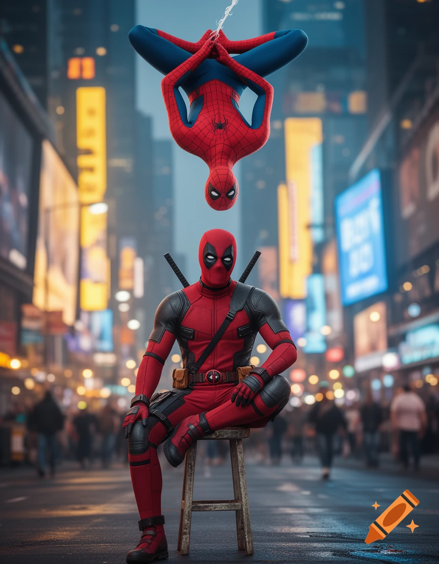 Deadpool in a red suit sits on a stool, while Spider-Man hangs upside down above him, on a blurred city street.