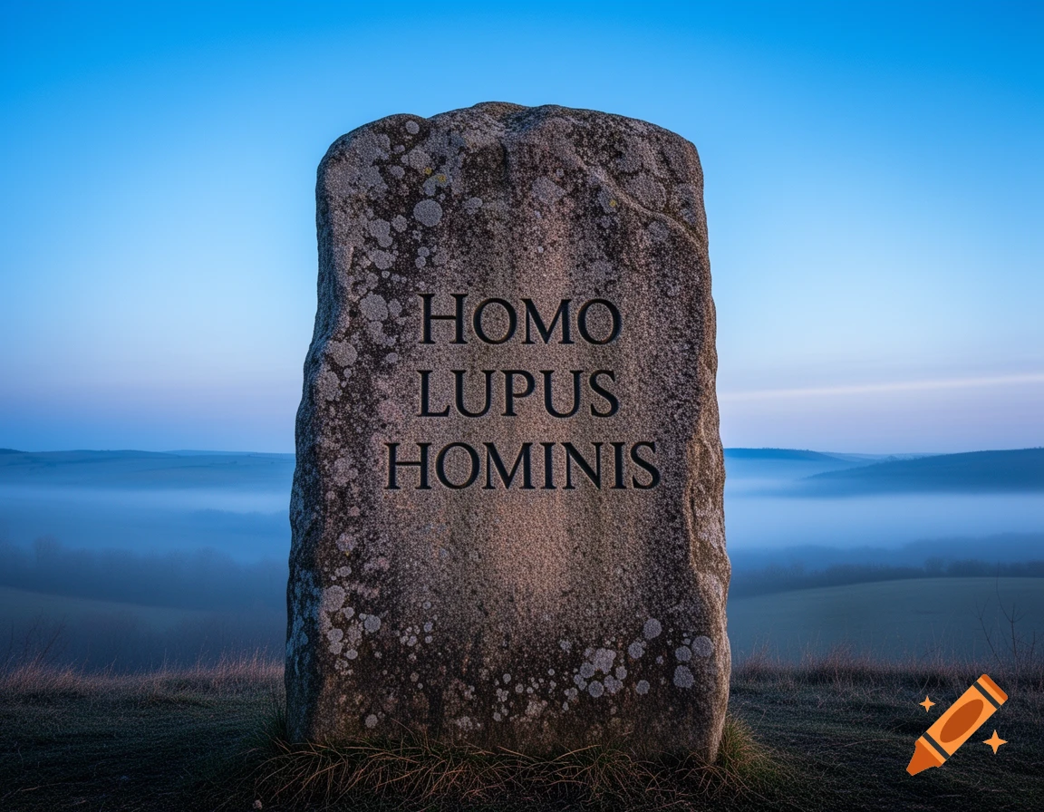 Photorealistic image of a large stone monument carved with 'HOMO LUPUS HOMINIS' on a hill overlooking a misty valley under a blue sky.