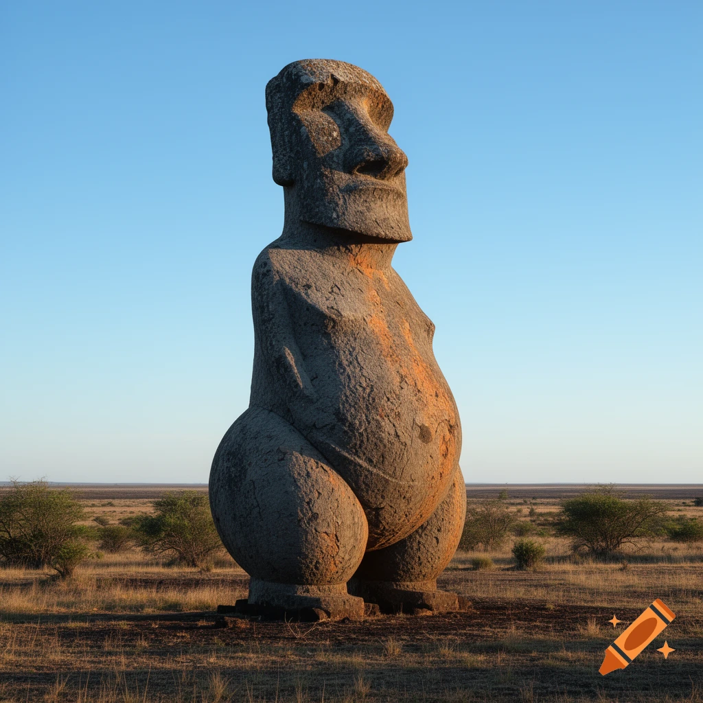 A large, weathered stone Moai statue with an exaggerated posterior stands in a dry, grassy field under a clear blue sky.