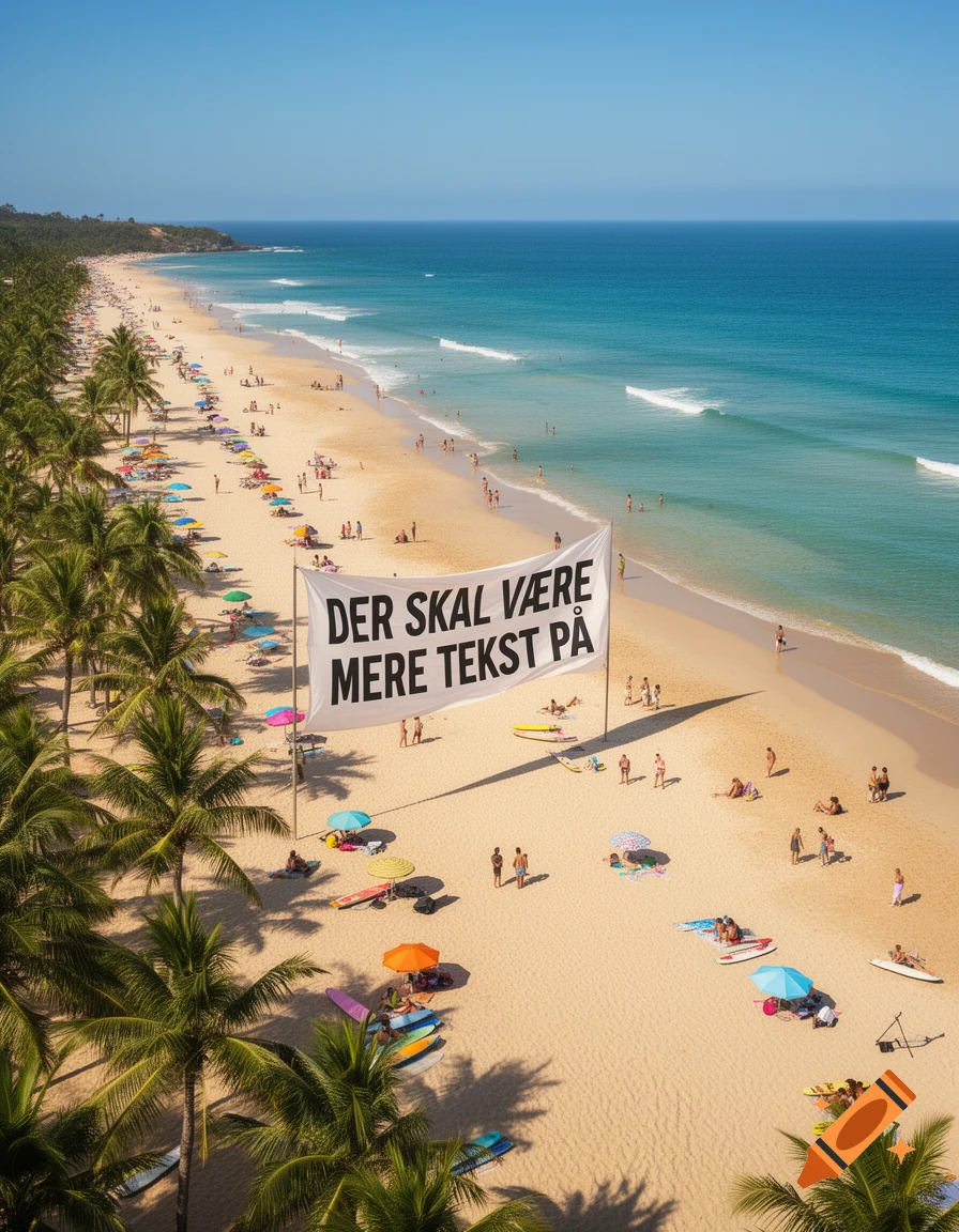 Aerial view of a sunny, crowded beach with palm trees, blue ocean, and a banner reading 'DER SKAL VÆRE MERE TEKST PÅ'.