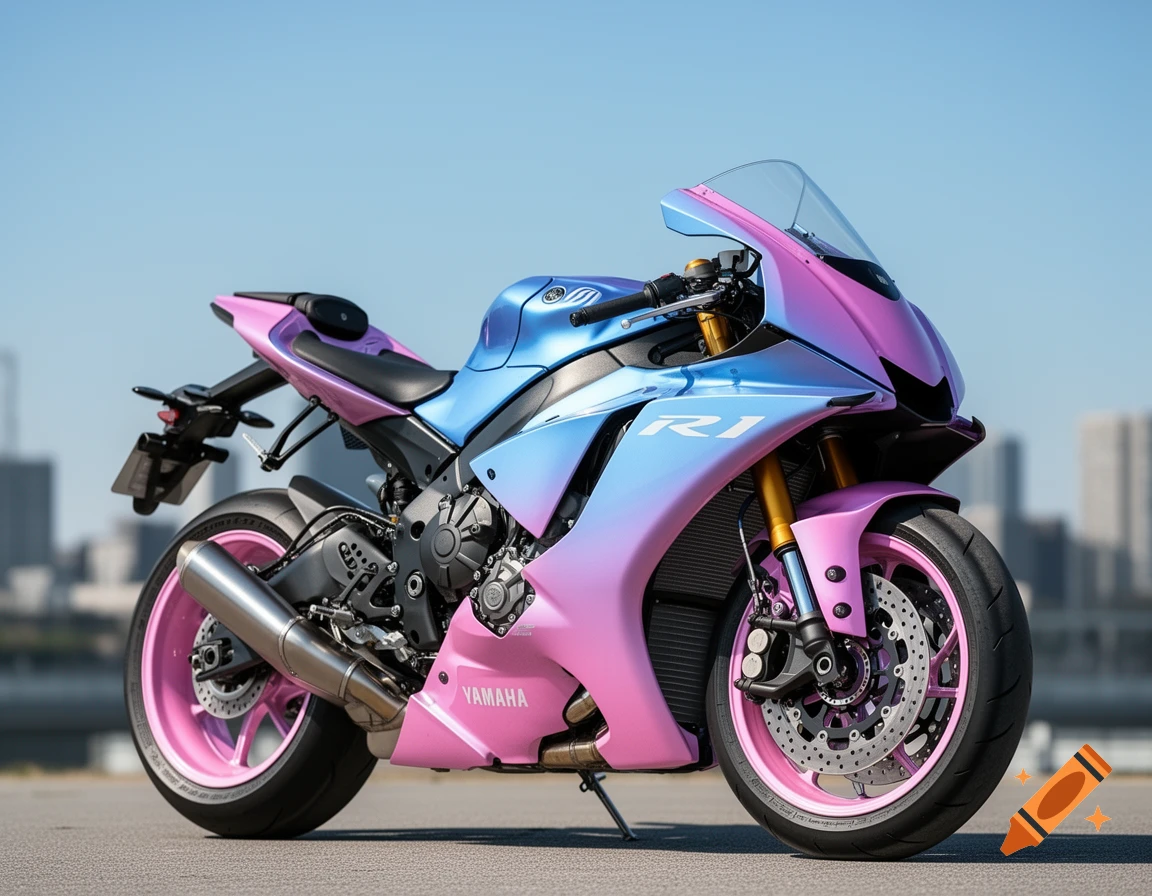 A photorealistic 2024 Yamaha R1 motorcycle with a sky blue to pink color-shifting pearlescent paint scheme, parked outdoors.