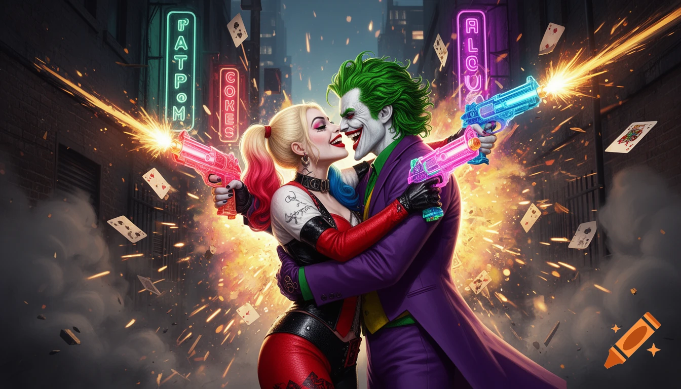Joker and Harley Quinn kiss amidst explosions and flying cards, firing neon blasters in a stylized Gotham alley.