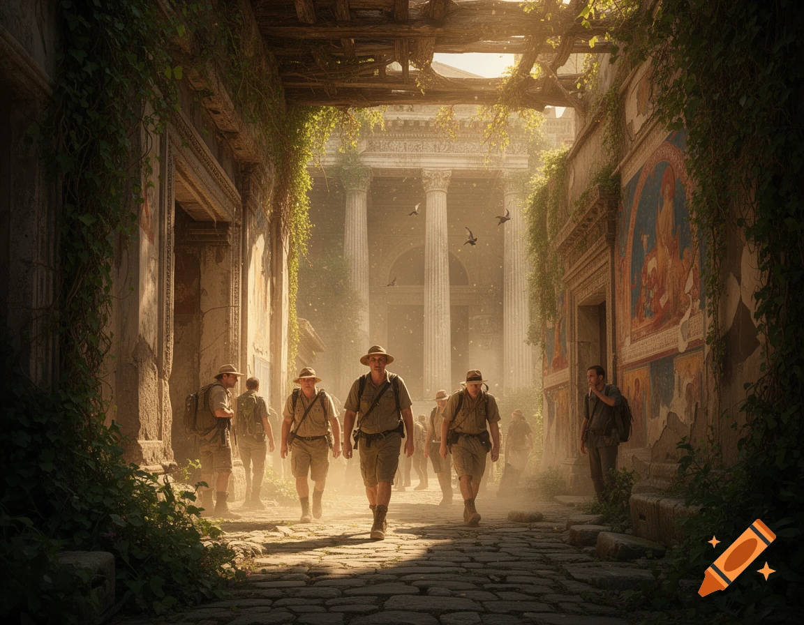 Adventurers in hats and backpacks walk through a sunlit, overgrown ancient city with crumbling pillars and murals, hazy with dust.
