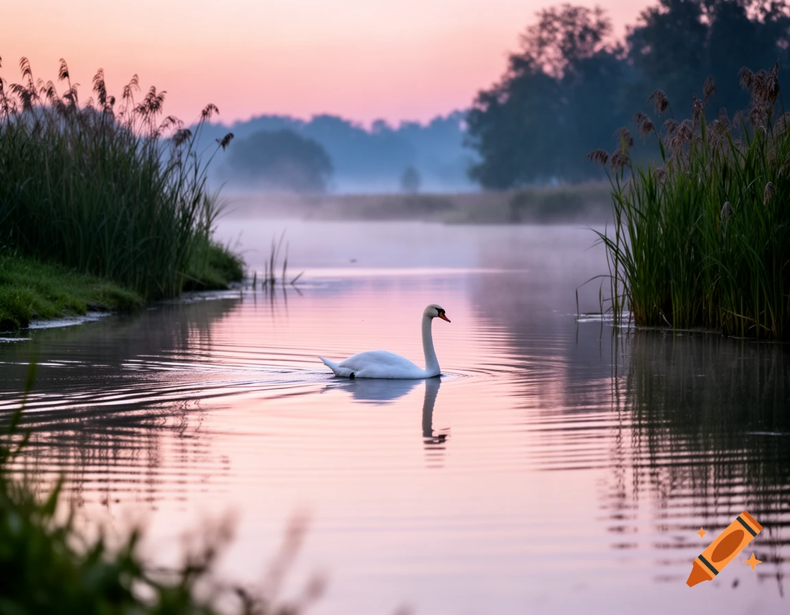 White swan glides on misty, pink-hued water at sunrise, surrounded by reeds and distant trees.
