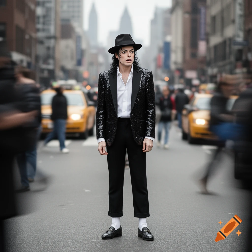 Photorealistic image of Michael Jackson in a sequined jacket and fedora, looking confused while standing in a blurry city street with taxis.