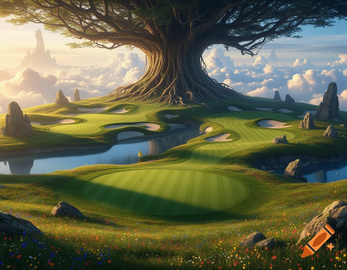 A fantasy golf course on a lush, cloud-level island with a giant tree, winding rivers, and distant peaks.