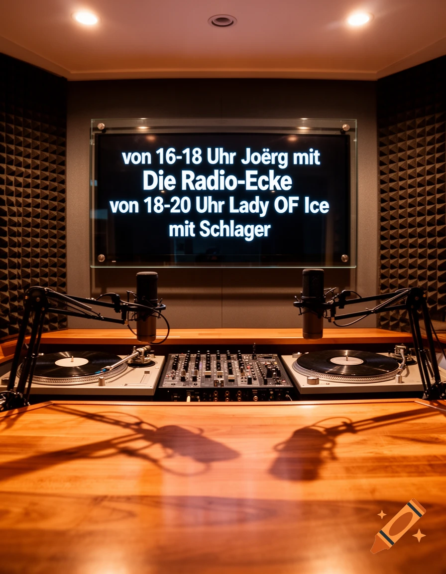 A radio studio with two turntables, a mixer, microphones, and a screen displaying a broadcast schedule on a wooden desk.