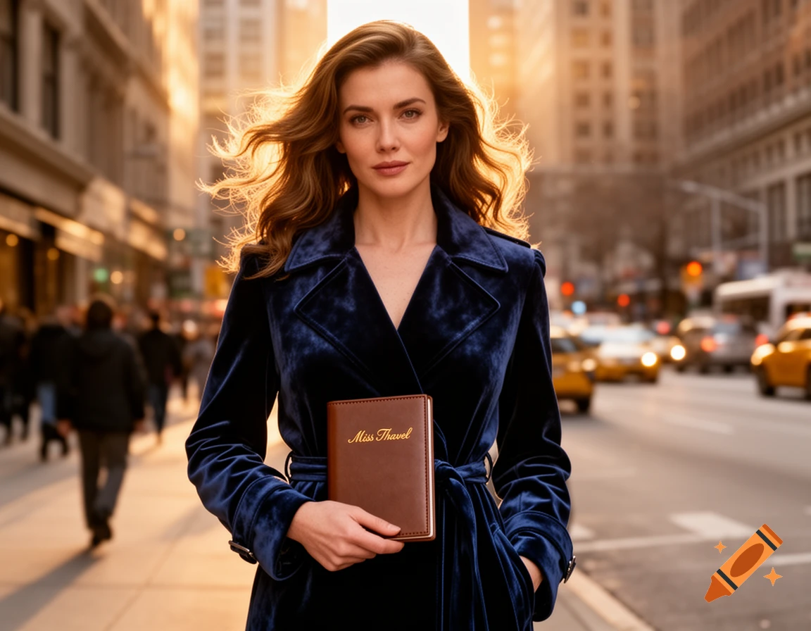 A woman in a blue velvet coat holds a brown book that reads "Miss Travel" on a busy city street at sunset.