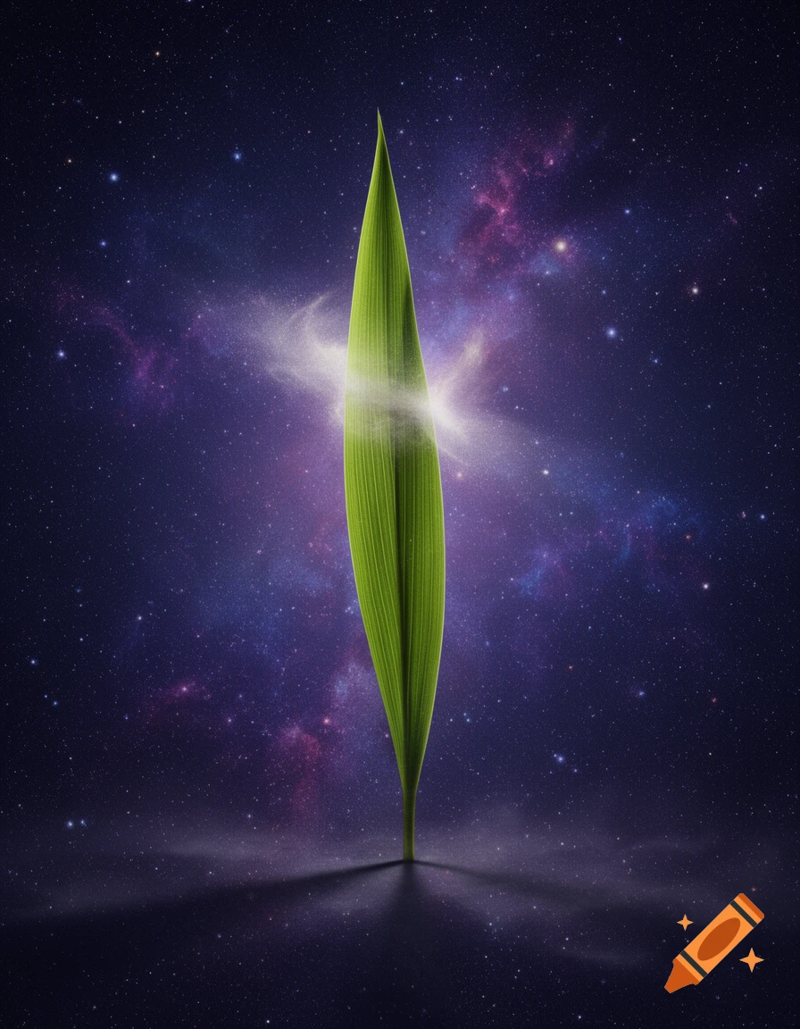 A vibrant green blade of grass stands upright against a dark cosmic background filled with stars and purple nebulae.