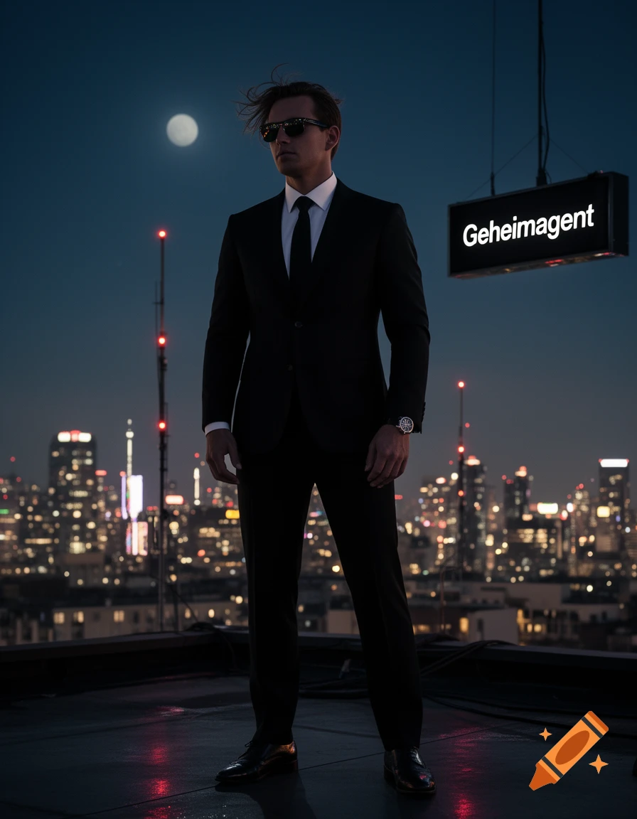 A man in a black suit and sunglasses stands on a city rooftop at night with a full moon and a sign reading 'Geheimagent'.