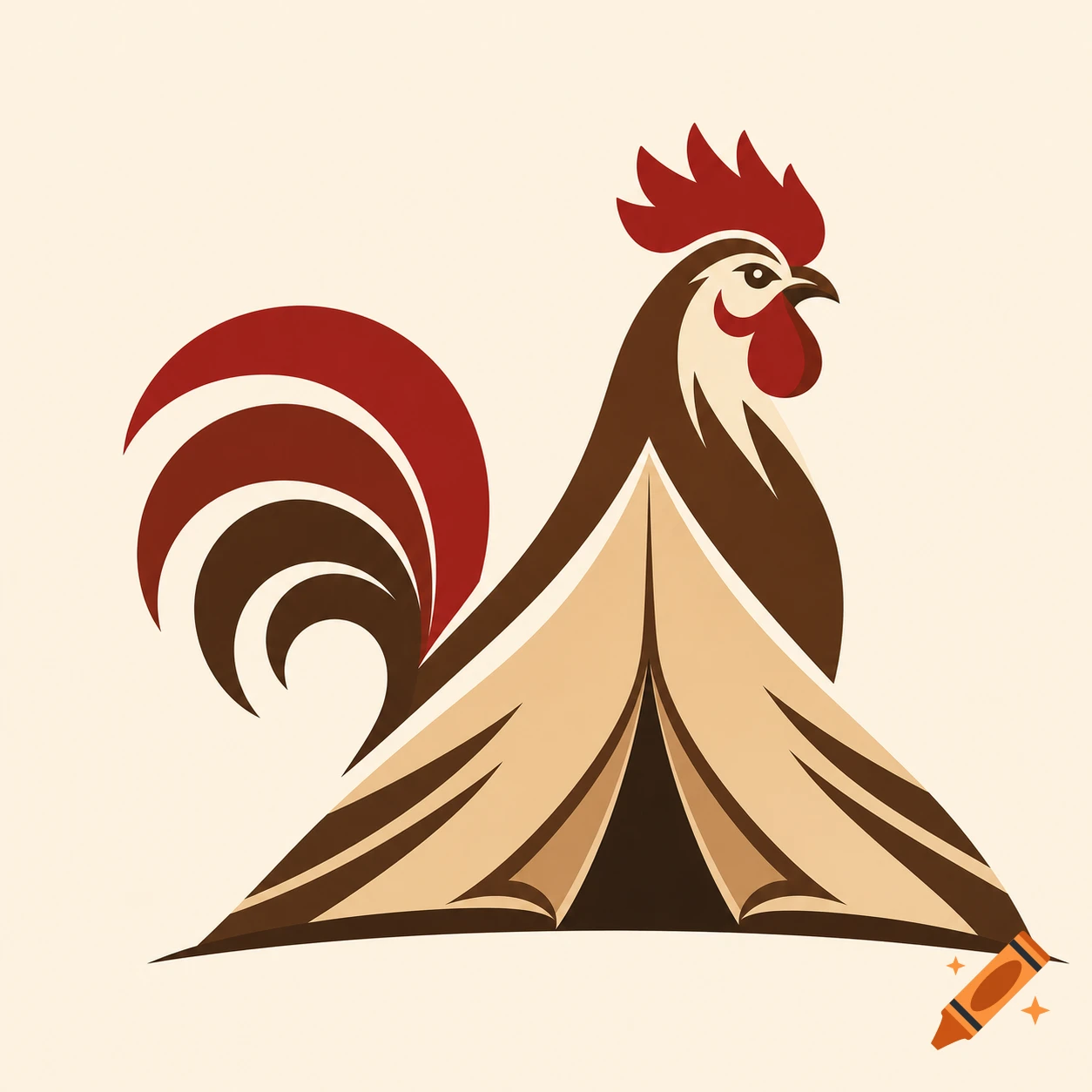 A stylized logo of a brown rooster with a red comb and wattle, incorporating a beige tent as its body.