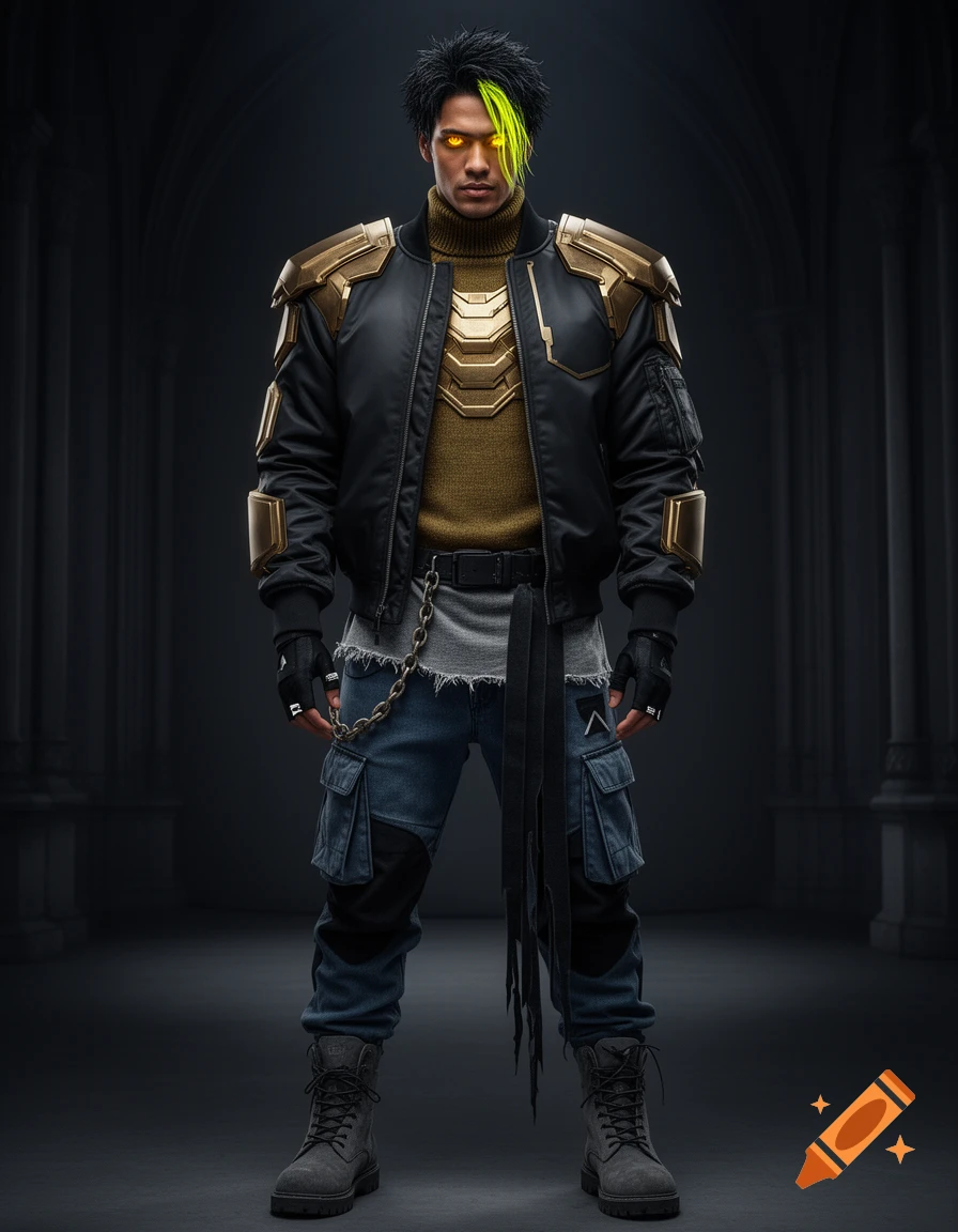 A full body fashion concept art of a male character with glowing yellow eyes and a neon-yellow hair streak, wearing a black and gold bomber jacket, techwear cargo pants, and combat boots.