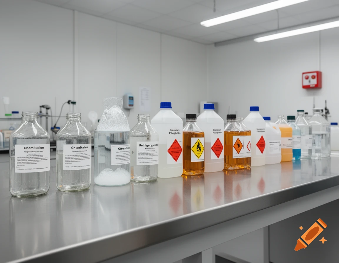 Numerous bottles of chemicals, cleaning agents, and flammable liquids with hazard labels are lined up on a metal counter in a laboratory.