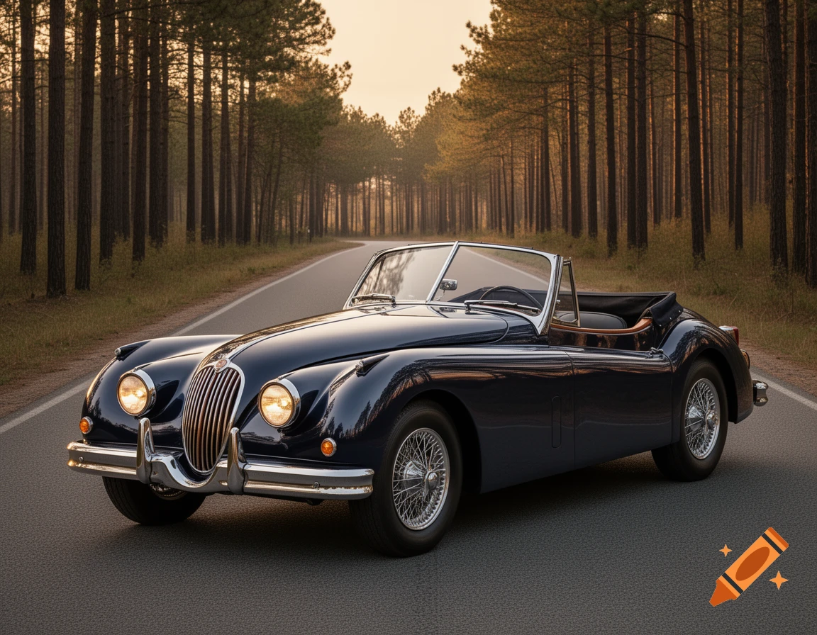 A dark blue classic Jaguar convertible drives on a paved road through a pine forest at sunset, photorealistic.