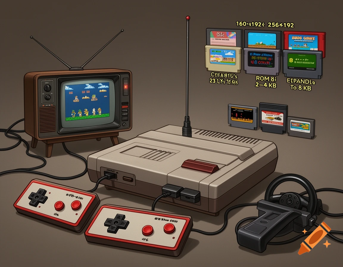 A retro 8-bit video game console connected to an old TV, with two controllers and several game cartridges displayed.