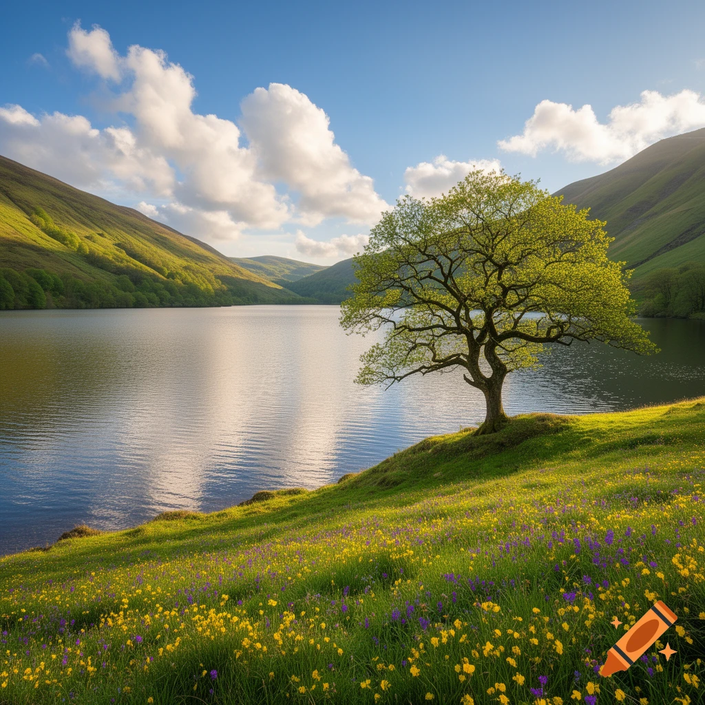 Photorealistic landscape of a tranquil lake surrounded by green hills, with a tree on a wildflower-dotted bank under a blue sky.