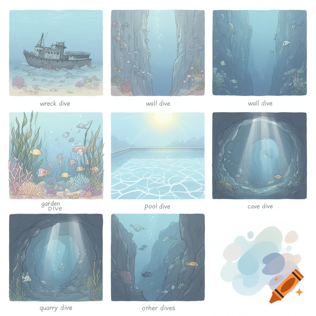 A grid of nine pastel illustrations depicting various dive types: a shipwreck, underwater walls, a coral garden, a swimming pool, a cave, a quarry, and abstract shapes.