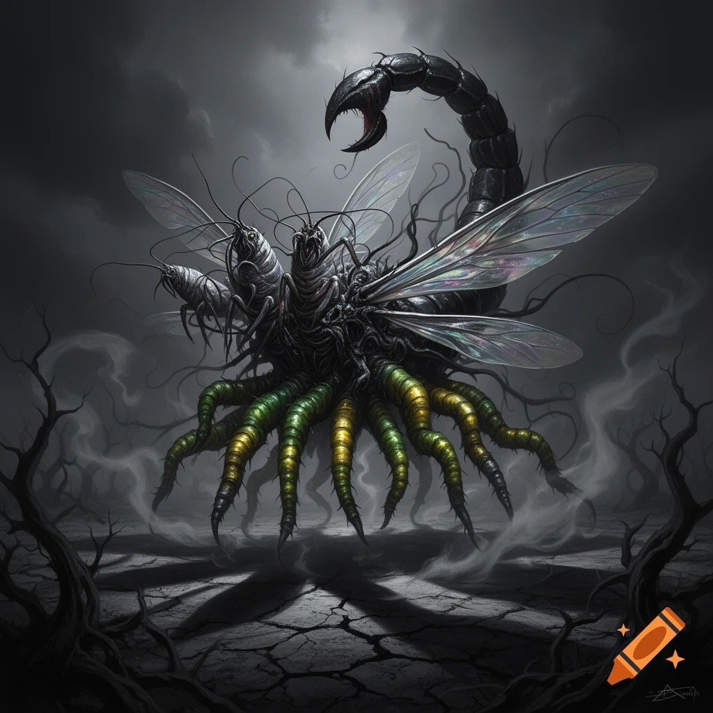 Dark fantasy art of a terrifying hybrid monster with a scorpion tail, fly wings, three insect heads, and segmented green-yellow legs, over cracked ground.