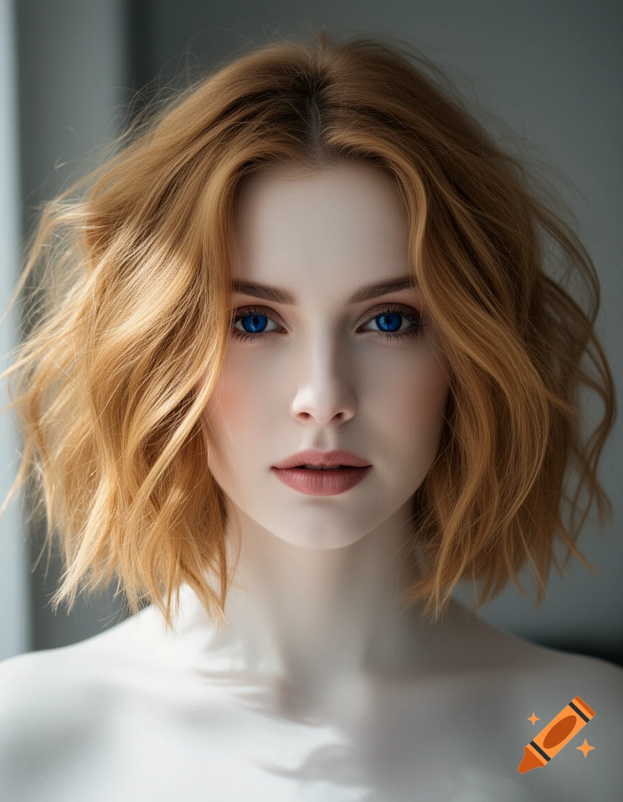 Close-up portrait of a fair-skinned woman with bright blue eyes and messy, chin-length honey-gold hair.