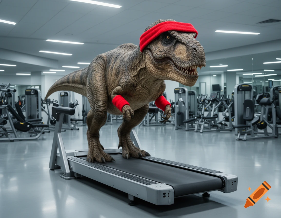 A photorealistic T-Rex wearing red sweatbands on its head and wrists runs on a treadmill in a modern gym.