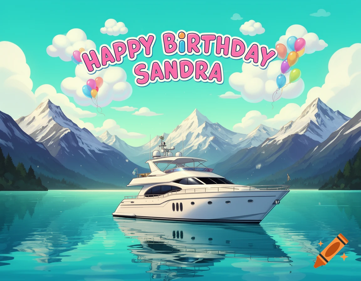 Cartoon birthday image with a white yacht on a blue lake, snow-capped mountains, and a blue sky with balloons and 'Happy Birthday Sandra' text.