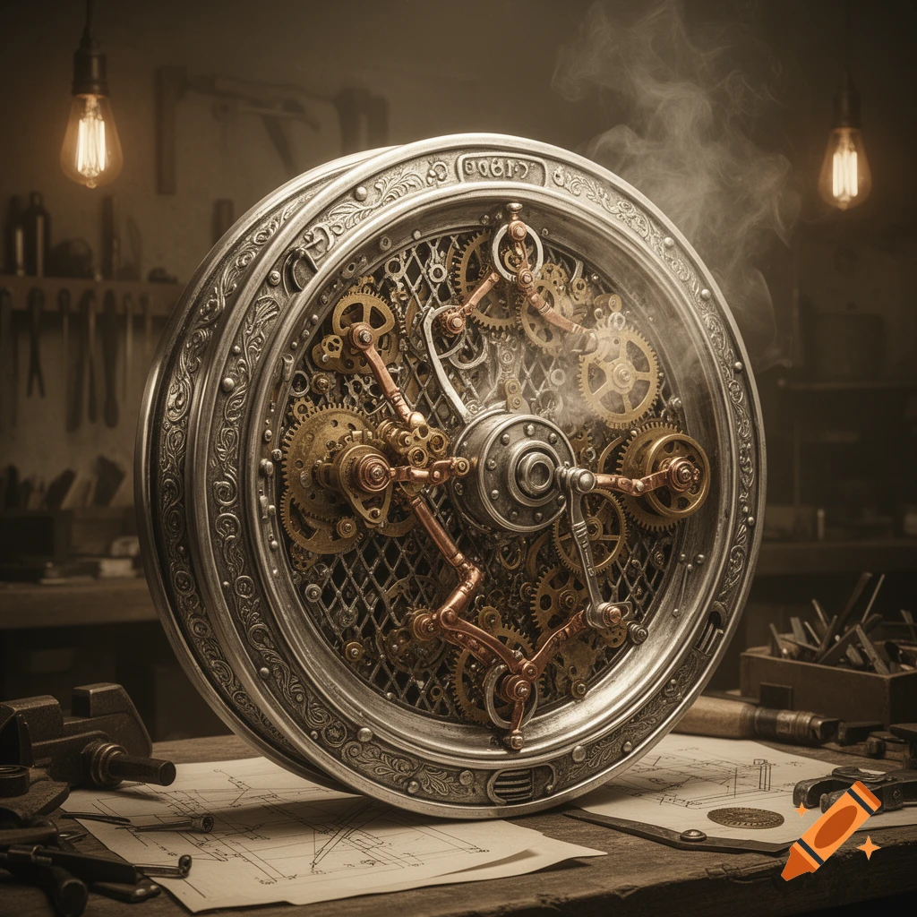 Detailed silver steampunk wheel with brass gears and copper pipes, set in a smoky workshop with tools and blueprints.