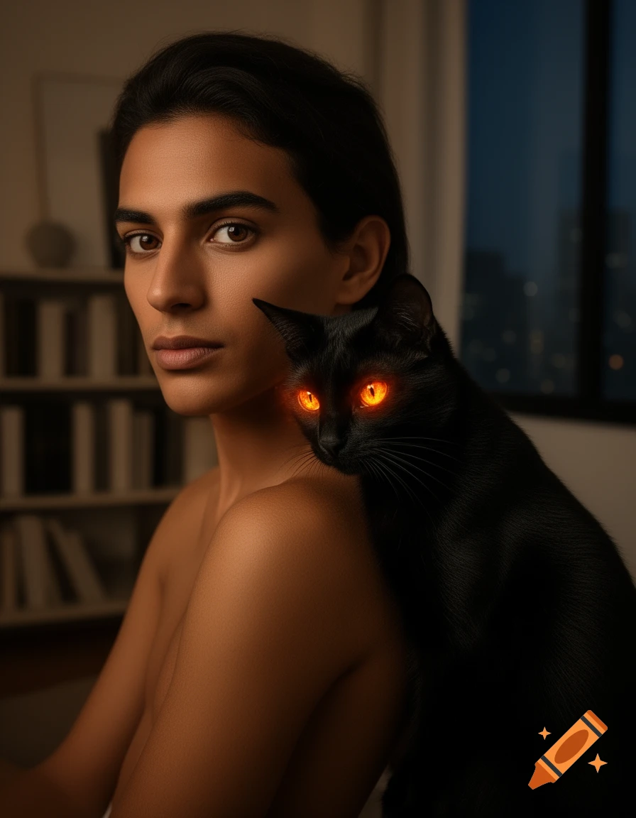 A man with dark hair looks over his shoulder, a black cat with glowing orange eyes rests on his shoulder.
