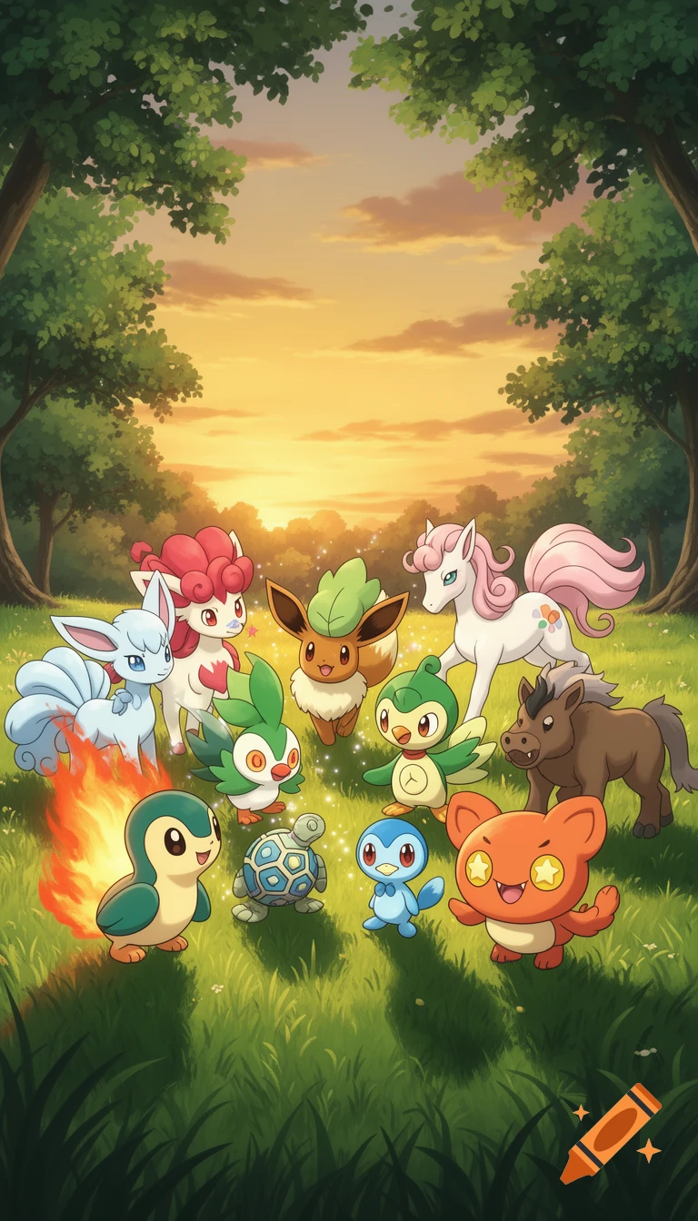 Eleven different Pokémon characters, including Cyndaquil, Eevee, and Alolan Vulpix, gather in a vibrant green meadow at sunset.