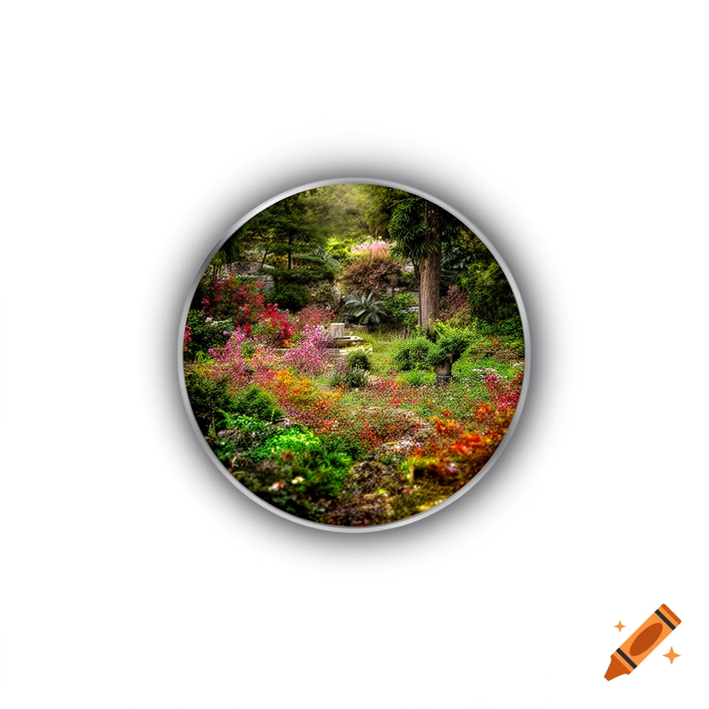 A vibrant garden with colorful flowers, lush greenery, and trees, viewed through a circular frame.