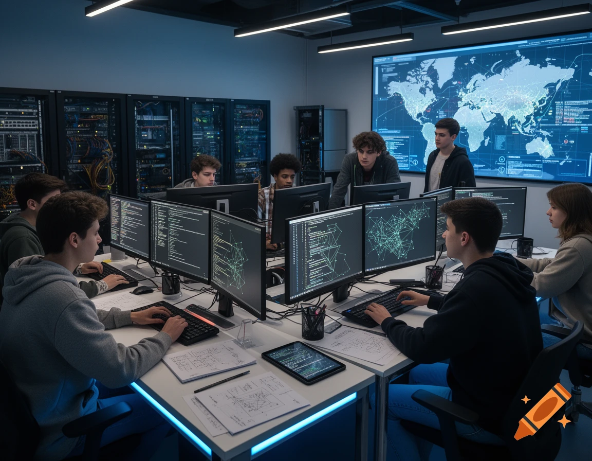 Students work in a modern cybersecurity lab with multiple computer monitors displaying code and a large world map on a screen.