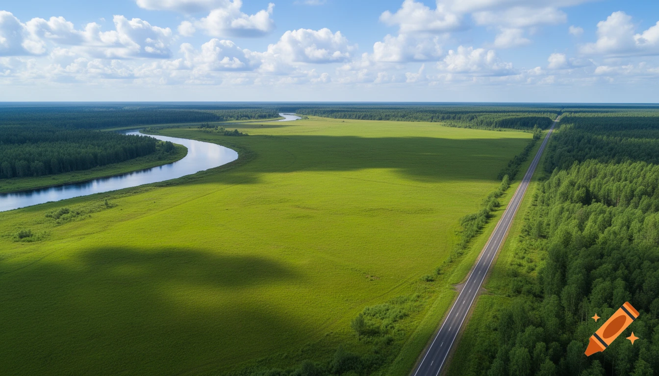 Aerial view of a winding river next to a vast green field, bordered by a forest and a long road under a cloudy sky.