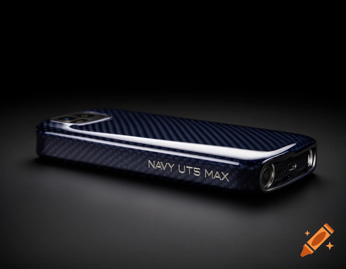 Dark blue carbon fiber patterned phone case or device, with 'NAVY UT5 MAX' text on the side, on a dark background.