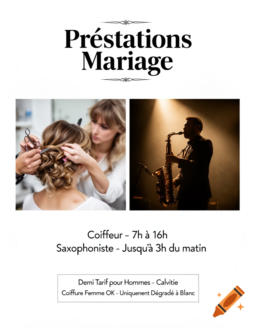 A wedding services flyer with two images: a hairdresser styling a woman's hair and a saxophonist playing, accompanied by text detailing services and times.