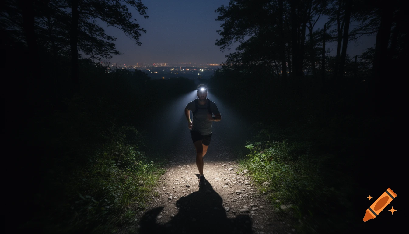 Man running on a dark trail at night, illuminated by a headlamp, with city lights in the distance. Photorealistic.