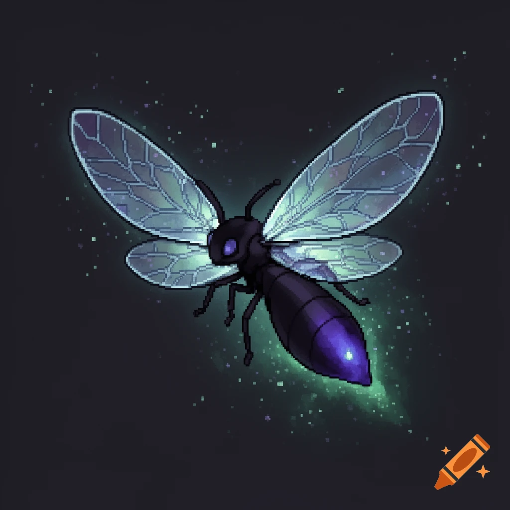 A pixel art sprite of a dark firefly, glowing purple and green, against a dark background with small light specks.