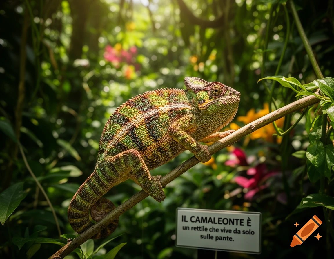 A vibrant green and yellow chameleon perches on a brown branch amidst lush green foliage and sun-dappled background, with a small informational sign in Italian at the bottom right.