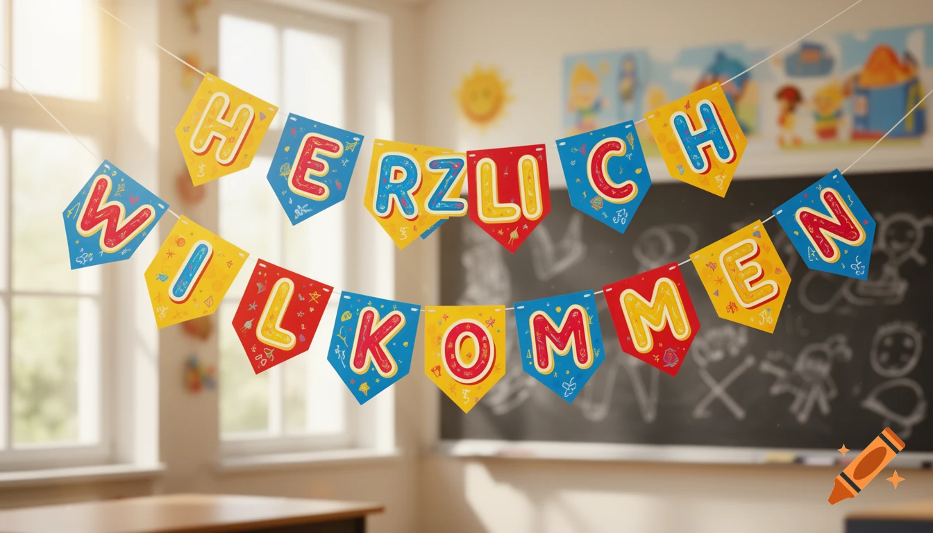 Colorful "Herzlich Willkommen" banners hanging in a bright classroom with a blackboard in the background.