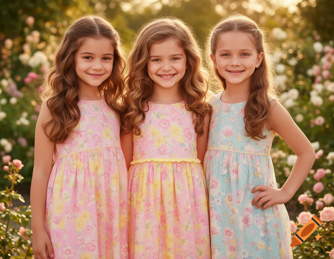 Three smiling young girls with long brown hair, wearing pastel floral dresses, standing in a sunny garden filled with flowers.